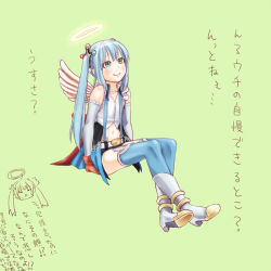 Rule 34 | 1girl, aqua hair, aqua thighhighs, bad id, bad pixiv id, blush, boots, cross, crossed ankles, detached sleeves, ekusu (waguruma!), feathered wings, flat chest, gloves, green eyes, green thighhighs, hair ornament, halo, invisible chair, long hair, meri (artist), miniskirt, simple background, sitting, skirt, smile, solo, thighhighs, translation request, twintails, waguruma!, wings