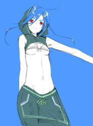 Rule 34 | 1girl, bare arms, bikini, bikini top only, blue background, blue hair, breasts, groin, hood, kumoi ichirin, kurokuro, looking at viewer, midriff, navel, no shirt, outstretched arm, red eyes, revealing clothes, simple background, skirt, solo, swimsuit, touhou, underboob