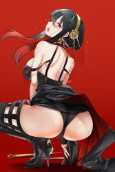 Rule 34 | 1girl, ass, bad id, bad twitter id, bare shoulders, black dress, black hair, black panties, boots, choker, dagger, dress, earrings, flower, gold earrings, gold hairband, hair flower, hair ornament, hairband, high heel boots, high heels, highres, jewelry, knife, open mouth, panties, rapapa, red background, red eyes, rose, sidelocks, simple background, spy x family, squatting, thighhighs, underwear, weapon, yor briar