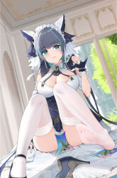 Rule 34 | 1girl, animal ears, azur lane, black hair, blue eyes, blush, breasts, cheshire (azur lane), cleavage, feet, highres, large breasts, long hair, looking at viewer, multicolored hair, qing wu, see-through, see-through legwear, shoes, unworn shoes, soles, solo, streaked hair, thighhighs, toes, white thighhighs