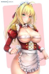 Rule 34 | 1girl, ahoge, alternate costume, apron, black panties, blonde hair, bow, braid, breasts, cleavage, closed mouth, covered erect nipples, cowboy shot, enmaided, epaulettes, fate/grand order, fate (series), french braid, frilled apron, frills, green eyes, hair intakes, juliet sleeves, large breasts, long hair, long sleeves, looking at viewer, maid, maid apron, maid headdress, nero claudius (fate), nero claudius (fate), nero claudius (fate/extra), panties, panty pull, patreon username, puffy sleeves, rei kun, signature, smile, solo, standing, thighs, underwear, waist apron, white bow