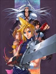 Rule 34 | 1990s (style), 2boys, 2girls, aerith gainsborough, cloud strife, final fantasy, final fantasy vii, looking at viewer, michelle hoefener, multiple boys, multiple girls, sephiroth, spiked hair, sword, tifa lockhart, weapon