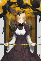 Rule 34 | 1girl, absurdres, animal, autumn, bird, black feathers, blade, blonde hair, blood, bloody weapon, colored blood, cross, crow, crown, crying, crying with eyes open, dress, dripping, feathers, flying, grave, highres, holding, holding weapon, hui feng, orange theme, original, painting (object), picture frame, solo, tears, tombstone, tree, weapon, yellow blood, yellow eyes, yellow theme