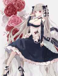 Rule 34 | 1girl, azur lane, bare shoulders, between breasts, black dress, black footwear, black nails, blush, breasts, cleavage, dress, earrings, flight deck, flower, formidable (azur lane), frilled dress, frills, grey hair, hair ribbon, hand up, high heels, highres, jewelry, large breasts, long hair, long sleeves, looking at viewer, myaco9, nail polish, red eyes, red flower, red rose, ribbon, rigging, rose, sidelocks, sitting, solo, twintails, two-tone dress, two-tone ribbon, very long hair