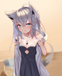 Rule 34 | 1girl, ahoge, animal ear fluff, animal ears, black dress, blurry, blurry background, blush, braid, breasts, cleavage, collarbone, commentary request, dog tags, dress, fox ears, fox girl, fox tail, green eyes, hair between eyes, highres, hololive, indoors, jacket, long hair, looking at viewer, shirakami fubuki, sidelocks, single braid, small breasts, solo, strapless, strapless dress, sweat, tail, tenpura noraneko, undressing, virtual youtuber, white hair, white jacket