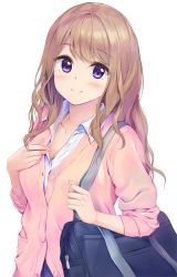 Rule 34 | 1girl, bad id, bad twitter id, bag, blush, breasts, brown hair, cardigan, cleavage, collarbone, collared shirt, dress shirt, highres, long hair, looking at viewer, medium breasts, original, partially unbuttoned, pasdar, pink cardigan, purple eyes, school bag, school uniform, shirt, simple background, sleeves pushed up, smile, solo, upper body, wavy hair, white background, white shirt