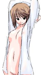 Rule 34 | 00s, 1girl, arms up, bottomless, brown hair, censored, komaki manaka, long sleeves, mosaic censoring, oekaki, open clothes, open shirt, pussy, rikumoto yoshiyuki, see-through, shirt, short hair, simple background, sketch, smile, solo, stretching, to heart (series), to heart 2, upper body, white background