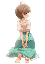 Rule 34 | 1girl, ahoge, alternate hairstyle, arms behind back, blush, brown hair, closed mouth, commentary request, cropped legs, cropped sweater, dress, floral print dress, frilled dress, frills, from behind, goma konbu, green dress, hakozaki serika, highres, idolmaster, idolmaster million live!, looking at viewer, looking back, orange eyes, short hair, short sleeves, simple background, smile, solo, standing, striped clothes, striped dress, sweater, turning head, v, white background, white sweater