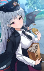 Rule 34 | 1girl, bag, black pantyhose, blue archive, blurry, blurry background, braid, breasts, chuuten (clam chowder), commentary request, food, halo, haruna (blue archive), hat, highres, jacket, looking at viewer, necktie, pantyhose, paper bag, red eyes, smile, tail, taiyaki, uniform, wagashi