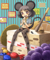 Rule 34 | 1girl, animal ears, bad id, bad pixiv id, basket, black panties, bottomless, cake, candy, capelet, eating, female focus, food, fruit, grapes, grey hair, highres, in food, mini person, minigirl, mitsuki32k, mouse (animal), mouse ears, mouse tail, navel, nazrin, no pants, panties, pastry, print thighhighs, red eyes, shawl, solo, star (symbol), star print, tail, thighhighs, touhou, underwear