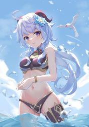 Rule 34 | 1girl, absurdres, adapted costume, ahoge, alternate costume, aming (sfjt2235), bell, bird, blue flower, blue hair, blue sky, blush, breasts, cloud, cowboy shot, flower, ganyu (genshin impact), genshin impact, glaze lily, gluteal fold, gold trim, hair flower, hair ornament, halterneck, highres, horns, light smile, long hair, looking at viewer, low ponytail, medium breasts, navel, neck bell, ocean, partially submerged, purple eyes, sidelocks, sky, solo, swimsuit, thighlet, wading