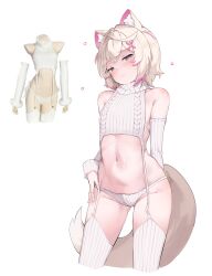 Rule 34 | 1girl, absurdres, animal ear fluff, animal ears, arm warmers, artist name, bare shoulders, blonde hair, blue eyes, blush, breasts, closed mouth, colored tips, commentary, cropped legs, dog ears, dog girl, dog tail, english commentary, groin, hair ornament, half-closed eyes, highres, hololive, hololive english, meme attire, mococo abyssgard, multicolored hair, namiorii, panties, pink hair, reference inset, short hair, signature, simple background, small breasts, sweater, tail, thighhighs, underwear, virgin destroyer sweater, virtual youtuber, white background, white panties, white sweater, white thighhighs, x hair ornament