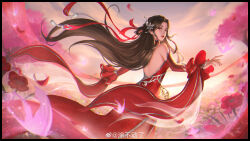 Rule 34 | 1girl, absurdres, backless dress, backless outfit, brown hair, bug, butterfly, closed mouth, detached sleeves, dress, facial mark, field, floating hair, flower, flower field, forehead mark, from behind, glowing butterfly, hair ornament, hair ribbon, hair rings, highres, huo linger (wanmei shijie), insect, long hair, looking back, red dress, ribbon, second-party source, solo, tu budong liao, upper body, wanmei shijie