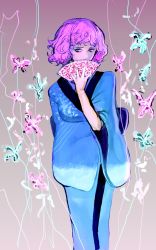 Rule 34 | 1girl, bad id, bad pixiv id, covering face, covering own mouth, covering privates, female focus, folding fan, hand fan, highres, japanese clothes, kimono, purple hair, saigyouji yuyuko, short hair, solo, touhou, youyou (yoyoyo)