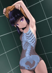 Rule 34 | 1girl, armpits, arms up, black hair, blunt bangs, breasts, commentary request, competition school swimsuit, cowboy shot, highres, hip bones, looking at viewer, original, purple eyes, ribs, rohitsuka, school swimsuit, short hair, skeleton, small breasts, solo, swimsuit, tile wall, tiles, undressing, x-ray