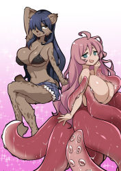 Rule 34 | 2girls, @ @, animal ears, bikini, bikini top only, blue hair, body fur, grabbing another&#039;s breast, breasts, commentary request, denim, denim shorts, dog ears, dog tail, elza (ishuzoku reviewers), furry, furry female, grabbing, hair between eyes, hair over one eye, highres, huge breasts, hyena, hyena ears, hyena girl, hyena tail, ishuzoku reviewers, long hair, looking at viewer, monster girl, multiple girls, nude, okpa, pink hair, sasakuma kyouta, scylla, shorts, simple background, spotted fur, suction cups, swimsuit, tail, tentacles, wavy mouth, wet