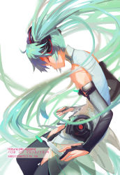 Rule 34 | 10s, 123456 (1322881), 1girl, 2013, bridal gauntlets, character name, dated, closed eyes, green hair, hatsune miku, hatsune miku (append), highres, long hair, solo, thighhighs, twintails, very long hair, vocaloid, vocaloid append, white background