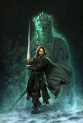 Rule 34 | 1boy, 1other, aragorn, artist name, beard, belt, black footwear, bracer, brown hair, cloak, commentary, crown, english commentary, facial hair, fighting stance, fingerless gloves, ghost, gloves, highres, holding, holding sword, holding weapon, long hair, pants, skull, standing, sword, the lord of the rings, tolkien&#039;s legendarium, tolkien's legendarium, vanderstelt, weapon