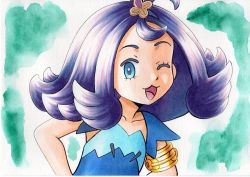 Rule 34 | 1girl, ;d, acerola (pokemon), armlet, blue dress, blue eyes, collarbone, commentary, creatures (company), dress, eyelashes, flipped hair, game freak, green background, hair ornament, hairclip, highres, looking at viewer, nintendo, oka mochi, one eye closed, open mouth, pokemon, pokemon sm, purple hair, short sleeves, smile, solo, stitches, tongue, topknot, torn clothes, torn dress, traditional media, upper body