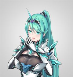 Rule 34 | 1girl, :d, blush, breasts, chest jewel, earrings, fingers together, gloves, green hair, grey background, hair between eyes, highres, jewelry, large breasts, long hair, looking at viewer, open mouth, pneuma (xenoblade), ponytail, sarasadou dan, simple background, smile, solo, spoilers, swept bangs, tiara, upper body, very long hair, xenoblade chronicles (series), xenoblade chronicles 2