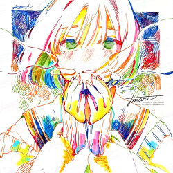 Rule 34 | 1girl, absurdres, artist name, border, cardigan, colorful, fingernails, hands up, hatching (texture), highres, long sleeves, looking at viewer, off shoulder, original, outside border, own hands together, parted lips, sailor collar, school uniform, serafuku, short hair, signature, sleeves past wrists, solo, straight-on, traditional media, upper body, watanabe tomari, watermark, white border