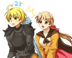 Rule 34 | 1boy, 1girl, alma beoulve, armor, attack, blonde hair, blush, brother and sister, brown cape, brown eyes, brown hair, cape, dress, final fantasy, final fantasy tactics, gameplay mechanics, hair ornament, healing, long hair, long sleeves, nose, nyon (anny0312), open mouth, ramza beoulve, red skirt, shoulder armor, shoulder spikes, siblings, skirt, spikes, sweat, upper body, white background