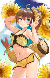 Rule 34 | 1girl, ahoge, aqua eyes, arm behind head, arpeggio kaga, breasts, brown hair, camisole, cleavage, collarbone, commentary request, flower, hair ornament, hair scrunchie, hand up, highres, hololive, looking at viewer, midriff, natsuiro matsuri, natsuiro matsuri (matsuri&#039;s day off), navel, ponytail, scrunchie, short hair, short shorts, shorts, small breasts, solo, standing, sunflower, thighs, v, virtual youtuber, yellow camisole, yellow scrunchie, yellow shorts