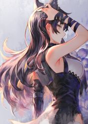 Rule 34 | 1girl, adjusting hair, animal ear fluff, animal ears, arm ribbon, armpits, bare shoulders, black dress, black hair, black scarf, blake belladonna, cat ears, coattails, commentary, detached sleeves, dress, english commentary, from side, tucking hair, highres, izumi sai, long hair, looking to the side, profile, ribbon, rwby, scarf, shirt, sleeveless, sleeveless shirt, solo, yellow eyes