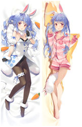 Rule 34 | 1girl, animal ear fluff, animal ears, barefoot, bed sheet, black leotard, blue hair, blunt bangs, blush, bow, bowtie, braid, breasts, buttons, carrot hair ornament, cleavage, collarbone, commentary request, dakimakura (medium), food-themed hair ornament, full body, fur collar, fur trim, hair ornament, highres, hololive, leotard, leotard under clothes, long hair, long sleeves, looking at viewer, lying, multiple views, on back, on side, open mouth, orange eyes, pantyhose, pom pom (clothes), puffy sleeves, rabbit ears, rabbit girl, shiny clothes, shiny skin, shorts, simple background, small breasts, smile, striped, symbol-shaped pupils, thigh strap, toes, twin braids, twintails, usada pekora, usada pekora (1st costume), virtual youtuber, white hair, yuuki hagure