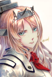 Rule 34 | 1girl, aqua eyes, artist name, ascot, blonde hair, breasts, buttons, commentary request, eyelashes, floating hair, flower, flower neckwear, from side, frown, hair between eyes, hair ornament, head tilt, headband, headgear, highres, jacket, kantai collection, large breasts, lips, long hair, looking at viewer, military, military uniform, millipen (medium), nelson (kancolle), parted bangs, postcard, red ascot, red flower, red rose, rose, sidelocks, simple background, solo, straight hair, tareme, teeth, tesun (g noh), traditional media, uniform, upper body, watercolor pencil (medium), white background, white jacket