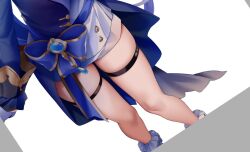 Rule 34 | 1girl, blue ribbon, blue sleeves, commentary, english commentary, furina (genshin impact), genshin impact, legs, lower body, ribbon, rimuu, simple background, solo, thigh strap, thighs, vision (genshin impact), white background