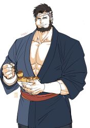 Rule 34 | 1boy, abs, artist name, bara, beard, belt, black hair, duran (gyee), eating, facial hair, feet out of frame, food, gyee, headband, holding, holding food, japanese clothes, kimono, kokorozashi, looking to the side, male focus, manly, mature male, muscular, muscular male, pectorals, scar, signature, simple background, solo, spiked hair, undercut, white background, wristband, yukata