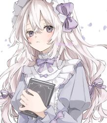Rule 34 | 1girl, blush, book, bow, bowtie, crossed bangs, dress, floating hair, frilled dress, frilled hairband, frilled shirt collar, frilled sleeves, frills, grey dress, grey hair, hair between eyes, hair bow, hairband, hand up, highres, holding, holding book, juliet sleeves, long hair, long sleeves, low twintails, original, puffy sleeves, purple bow, purple bowtie, purple eyes, purple nails, simple background, twintails, twitter username, upper body, white background, yuni 0205