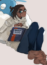 Rule 34 | 1boy, alternate costume, barefoot, bespectacled, blue pants, book, brown hair, buttons, character doll, closed mouth, commentary request, creatures (company), dark-skinned male, dark skin, earrings, fang, fang out, game freak, gen 3 pokemon, glasses, holding, holding book, jewelry, long sleeves, male focus, natsuko (summer 525528), nintendo, pants, pokemon, pokemon (creature), pokemon swsh, raihan (pokemon), ribbed sweater, smile, soles, solo, swablu, sweater, toes
