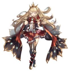 Rule 34 | 10s, 1girl, backlighting, black thighhighs, blonde hair, boots, bracer, cagliostro (granblue fantasy), cloak, crossed legs, crown, full body, granblue fantasy, hands up, headpiece, long hair, official style, open mouth, pleated skirt, purple eyes, red skirt, simple background, skirt, smile, sola (solo0730), solo, standing, thighhighs, white background