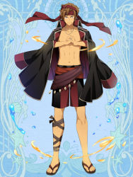 Rule 34 | 1boy, black jacket, black male swimwear, black swim trunks, blue background, brown hair, character request, dairoku ryouhei, earrings, flip-flops, hairband, jacket, jacket on shoulders, jewelry, l (matador), leg ribbon, looking at viewer, male focus, male swimwear, navel, necklace, own hands together, red hairband, red male swimwear, red swim trunks, ribbon, ring, sandals, simple background, solo, standing, swim trunks, swimsuit