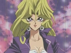 1girl animated anime_screenshot audible_speech blonde_hair breasts cleavage earrings english_audio hoop_earrings jewelry kujaku_mai medium_breasts solo sound tagme video yu-gi-oh! yu-gi-oh!_duel_monsters