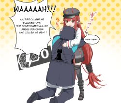 Rule 34 | 1girl, 1other, alph (sancheck), arknights, black jacket, boots, braid, cabbie hat, doctor (arknights), english text, gameplay mechanics, hand on another&#039;s head, hat, highres, horns, horns through headwear, hug, jacket, kneeling, long hair, low twintails, miniskirt, nail polish, open mouth, pointy ears, red eyes, red hair, sidelocks, skirt, speech bubble, standing, thighhighs, twintails, very long hair, vigna (arknights)