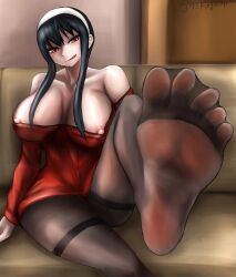 Rule 34 | 1girl, 45kingman, black hair, blush, couch, feet, hairband, highres, licking lips, long hair, looking at viewer, nipple slip, nipples, pantyhose, red eyes, soles, spy x family, toes, tongue, tongue out, yor briar
