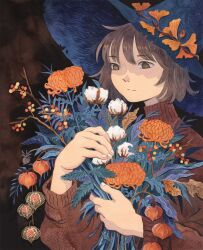 Rule 34 | 1girl, autumn, berry, black background, blue hat, brown eyes, brown hair, brown sweater, chinese lantern (plant), cotton (plant), flower, flower request, hat, heikala, highres, holding, holding flower, holding plant, orange flower, original, painting (medium), plant, short hair, solo, sweater, traditional media, watercolor (medium), witch hat