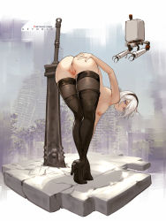 Rule 34 | 1girl, artist name, ass, aztodio, bent over, black footwear, black thighhighs, blindfold, blue eyes, boots, breasts, censored, cleft of venus, facing viewer, hairband, hand on own ass, high heel boots, high heels, highres, large breasts, leaning forward, looking at viewer, looking back, mole, mole under mouth, mosaic censoring, nier (series), nier:automata, nipples, nude, parted lips, pod (nier:automata), pussy, ruins, short hair, silver hair, solo, standing, sword, thigh boots, thighhighs, thighhighs under boots, tiptoes, weapon, 2b (nier:automata)
