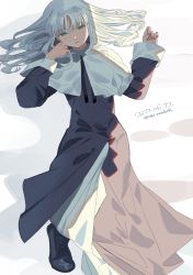 Rule 34 | 1girl, 2022, absurdres, caren hortensia, dated, dress, fate/hollow ataraxia, fate (series), grey hair, hair between eyes, highres, long hair, long sleeves, looking at viewer, noko morokoshi, open mouth, robe, simple background, solo, twitter username, white background, yellow eyes