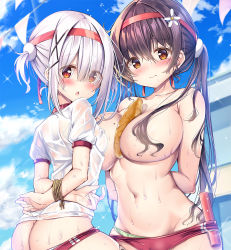 Rule 34 | 2girls, ass, between breasts, blouse, blue sky, blunt bangs, blush, bound, bound wrists, bread, breasts, brown eyes, brown hair, buruma, buruma pull, closed mouth, clothes pull, cloud, collarbone, comic cune, commentary request, convenient censoring, day, embarrassed, flower, food, food between breasts, from side, green panties, gym shirt, gym uniform, hair between eyes, hair censor, hair flower, hair ornament, hair over breasts, hairband, highres, kurou (quadruple zero), large breasts, long hair, looking at viewer, mole, mole on breast, mole under eye, multiple girls, navel, ninose shizuku, open mouth, original, outdoors, panties, panties under buruma, panty pull, red buruma, school, shirakawa kokona, shirt, skindentation, sky, stomach, sweat, topless, twintails, underwear, very long hair, watashi no tame ni nuginasai!, wet, wet clothes, wet shirt, white hair, white panties, white shirt