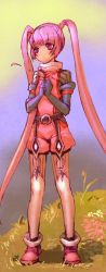 Rule 34 | 1girl, boots, bow (bhp), female focus, full body, highres, kneehighs, long hair, nature, o-ring, outdoors, pink eyes, pink hair, plant, sky, socks, solo, sophie (tales), tales of (series), tales of graces, twintails, very long hair