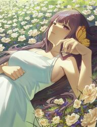 Rule 34 | 1girl, absurdres, breasts, bug, butterfly, closed mouth, day, dress, fern (sousou no frieren), field, flower, flower field, highres, insect, insect on finger, long hair, lying, medium breasts, on back, purple eyes, purple hair, sideboob, solo, sousou no frieren, unnunal (unneonal), upper body, very long hair, white dress, white flower, yellow butterfly