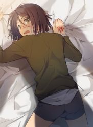 Rule 34 | 1boy, bad id, bad pixiv id, black hair, bob cut, command spell, crying, crying with eyes open, fate/zero, fate (series), green eyes, makkiowata, male focus, on bed, shorts, solo, tears, waver velvet