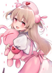 Rule 34 | &gt; &lt;, 1girl, :d, apron, armband, back bow, blush, bow, brown hair, commentary request, fang, hair between eyes, hair ornament, hat, heart, highres, hugging object, long hair, long sleeves, looking at viewer, looking to the side, natori sana, nurse cap, open mouth, pink apron, pink bow, pink hat, puffy long sleeves, puffy sleeves, rabbit hair ornament, red eyes, sana channel, shirt, simple background, skirt, smile, solo, sparkle, stuffed animal, stuffed rabbit, stuffed toy, two side up, very long hair, virtual youtuber, white background, white shirt, white skirt, yukimiya yuge