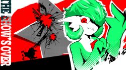 Rule 34 | 1girl, bob cut, broken, colored skin, creatures (company), dragonite, english text, female focus, flat chest, game freak, gardevoir, gen 1 pokemon, gen 3 pokemon, green hair, green skin, grin, hair over one eye, hands up, happy, kanimiso na double, looking at viewer, messy hair, multicolored skin, nintendo, one eye covered, outline, persona, persona 5, pokemon, pokemon (creature), red background, red eyes, short hair, silhouette, smile, solo focus, star (symbol), teeth, two-tone skin, upper body, white outline, white skin, wide-eyed