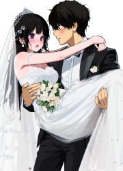 Rule 34 | 1boy, 1girl, :o, alternate costume, armlet, artist logo, bare shoulders, black bow, black bowtie, black hair, black jacket, black pants, blush, bow, bowtie, breasts, carrying, chitanda eru, cleavage, collared shirt, couple, dress, earrings, eye contact, flower, green eyes, hair ornament, hetero, highres, husband and wife, hyouka, jacket, jewelry, large breasts, lifting person, long hair, long sleeves, looking at another, mery (yangmalgage), open clothes, open jacket, open mouth, oreki houtarou, pants, princess carry, purple eyes, ring, shirt, simple background, veil, wedding dress, white background, white dress, white flower, white shirt