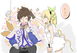 Rule 34 | 10s, 1boy, 1girl, animal ears, bare shoulders, blonde hair, blue eyes, blue hair, blush, breasts, brown hair, capelet, closed eyes, doughnut, dress, earrings, eating, edna (tales), feathers, food, gloves, hairband, headpat, jewelry, mikleo (tales), open mouth, pants, ribbon, short hair, side ponytail, simple background, sorey (tales), tail, tales of (series), tales of zestiria, umbrella